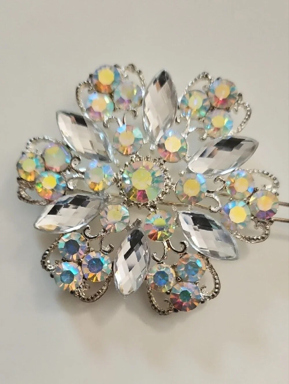 Unlisted Iridescent Crystal Floral Brooch - Clear & Aurora